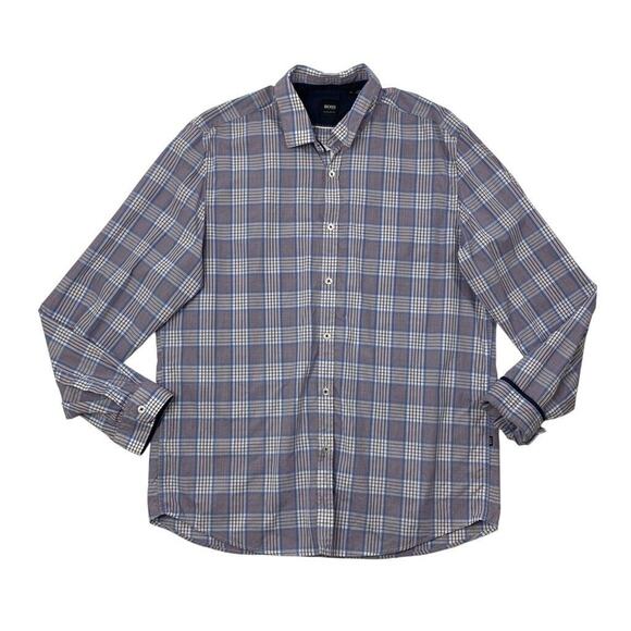 Hugo Boss Shirt Mens XL Extra Large Purple Grey Plaid Button Up Regular Fit - Picture 1 of 9